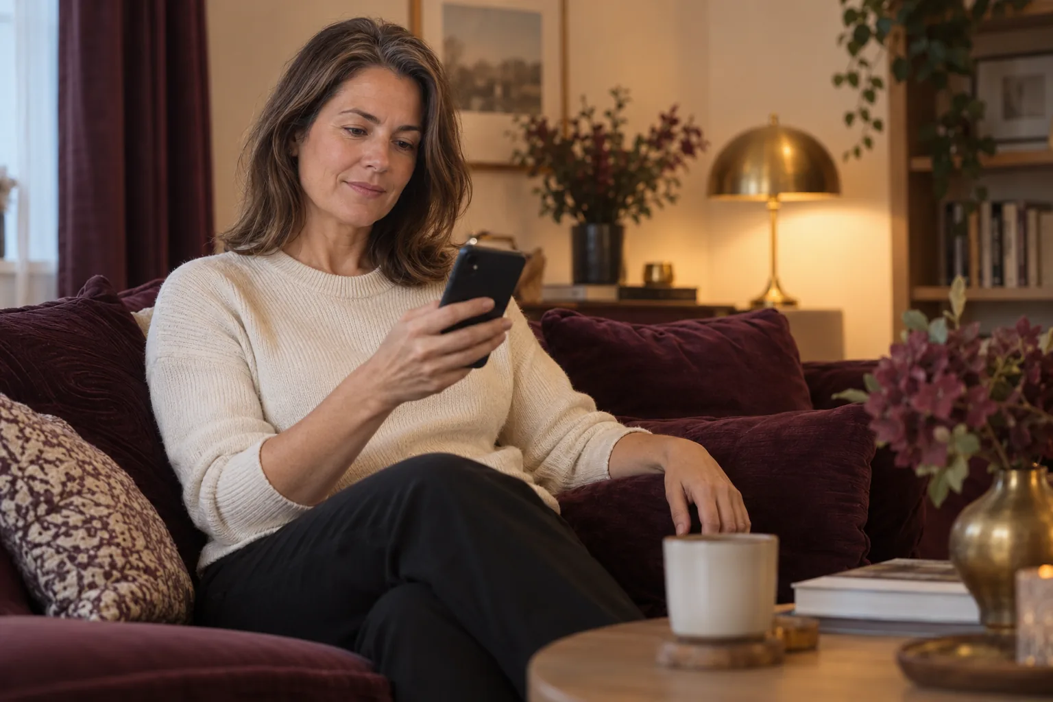 Eine erwachsene Frau sitzt entspannt auf einem Sofa und betrachtet ihr Smartphone; der Bildschirm ist nicht sichtbar