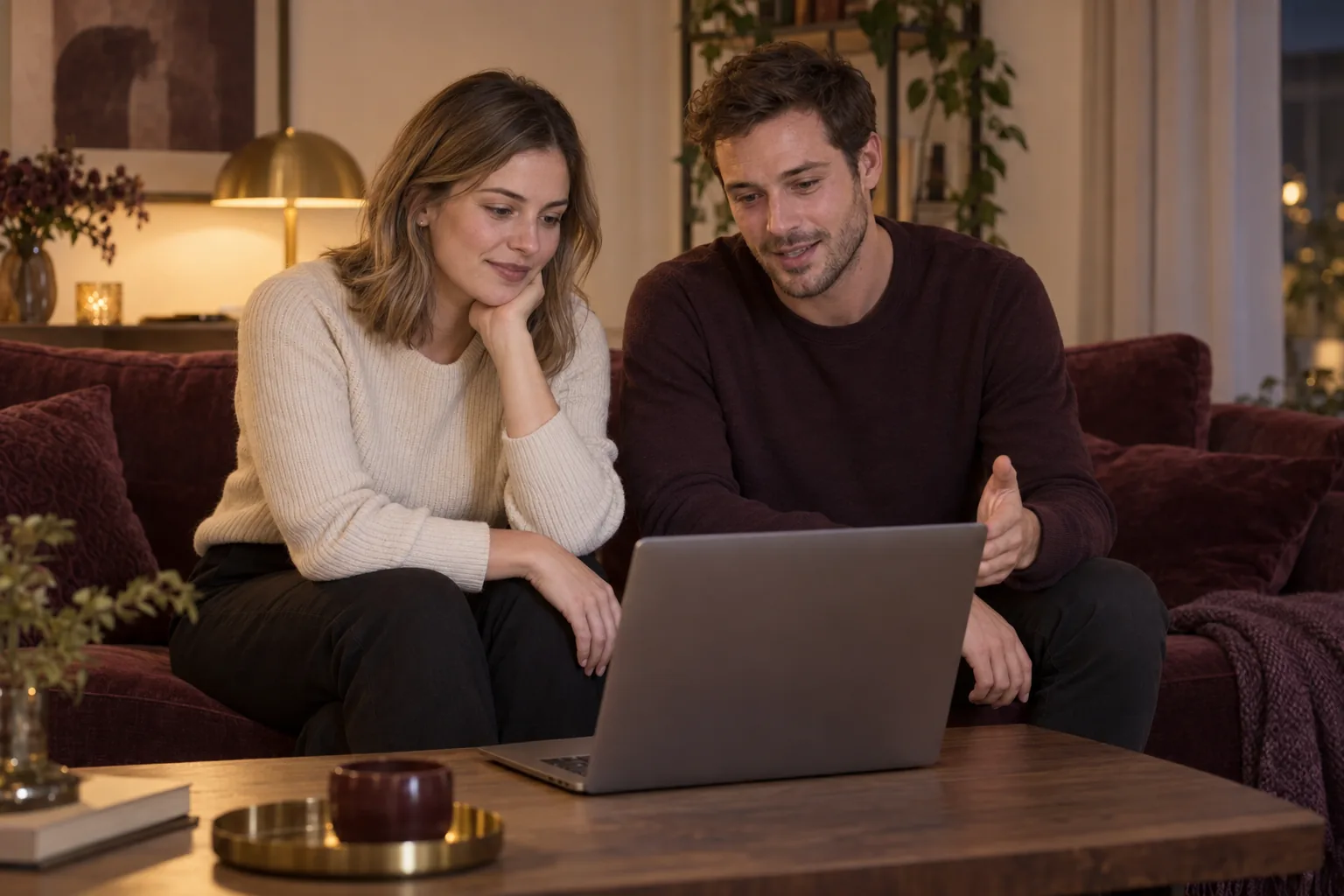 Ein erwachsenes Paar sitzt nebeneinander auf einem Sofa und betrachtet gemeinsam einen Laptop, dessen Bildschirm nicht sichtbar ist.