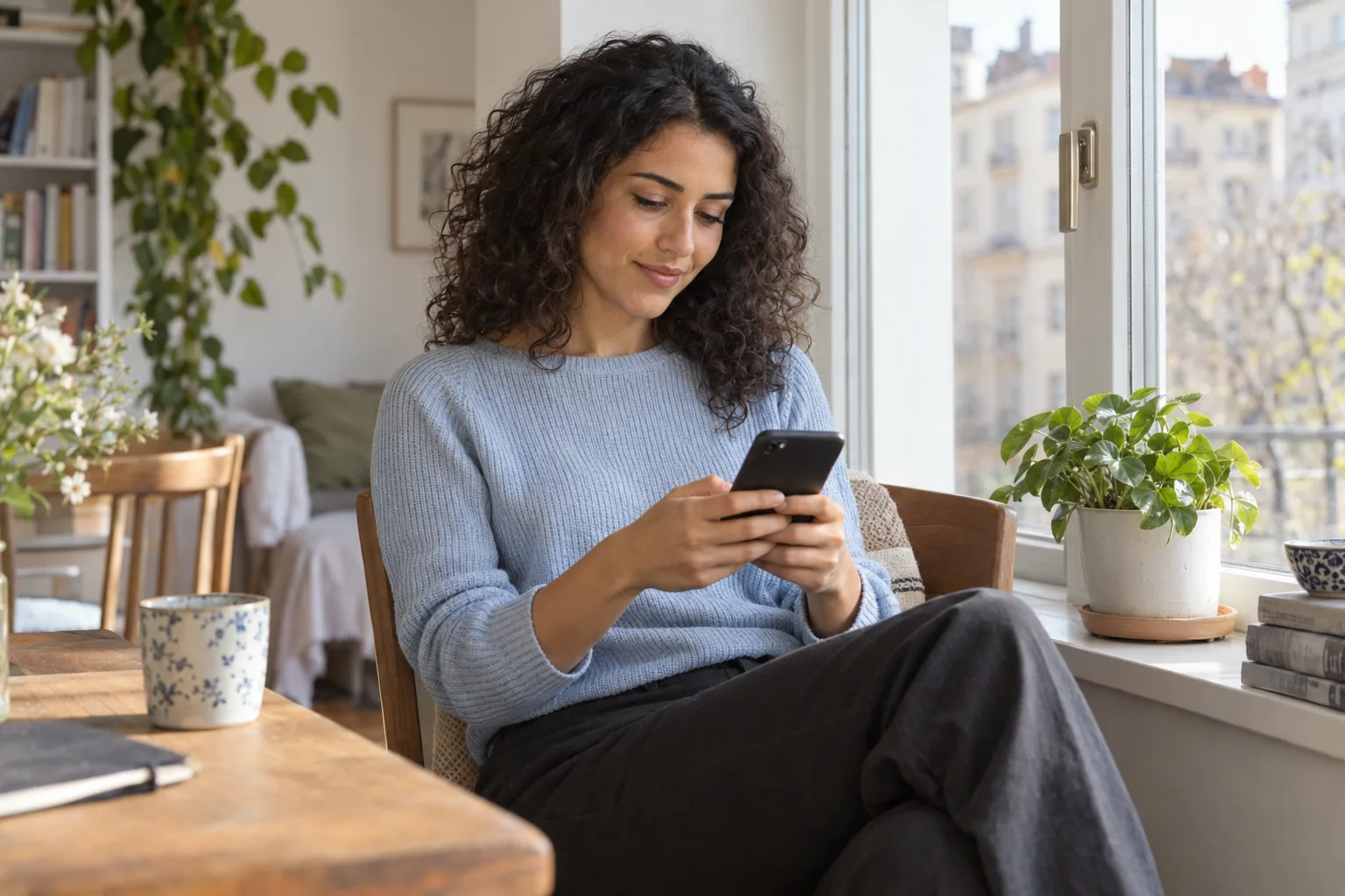 Eine erwachsene Frau betrachtet in einer hellen Wohnung ihr Smartphone; der Bildschirm ist vom Betrachter abgewandt.