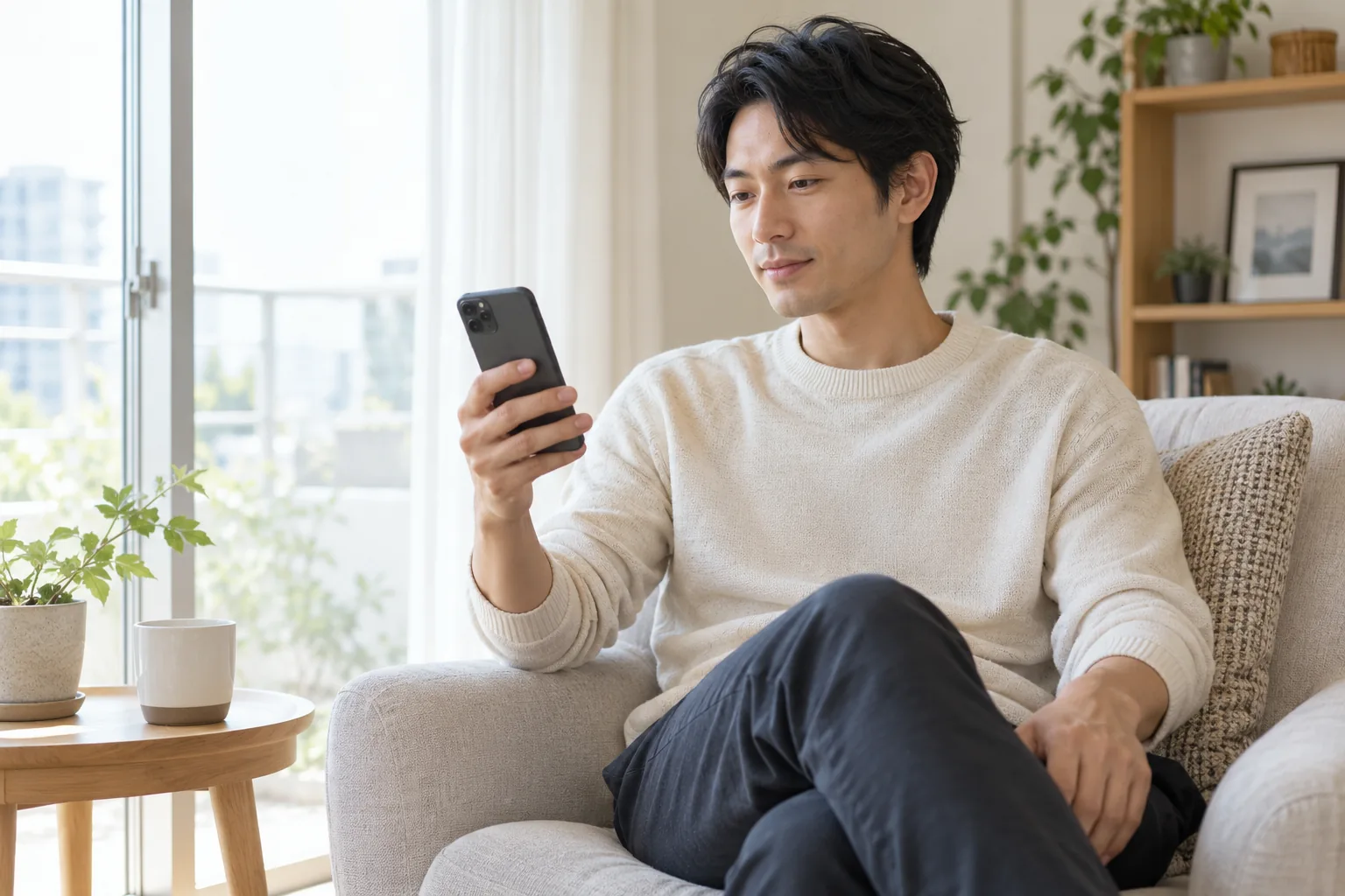 Ein erwachsener Mann sitzt zu Hause mit einem Smartphone in der Hand; der Bildschirm ist vom Betrachter abgewandt.