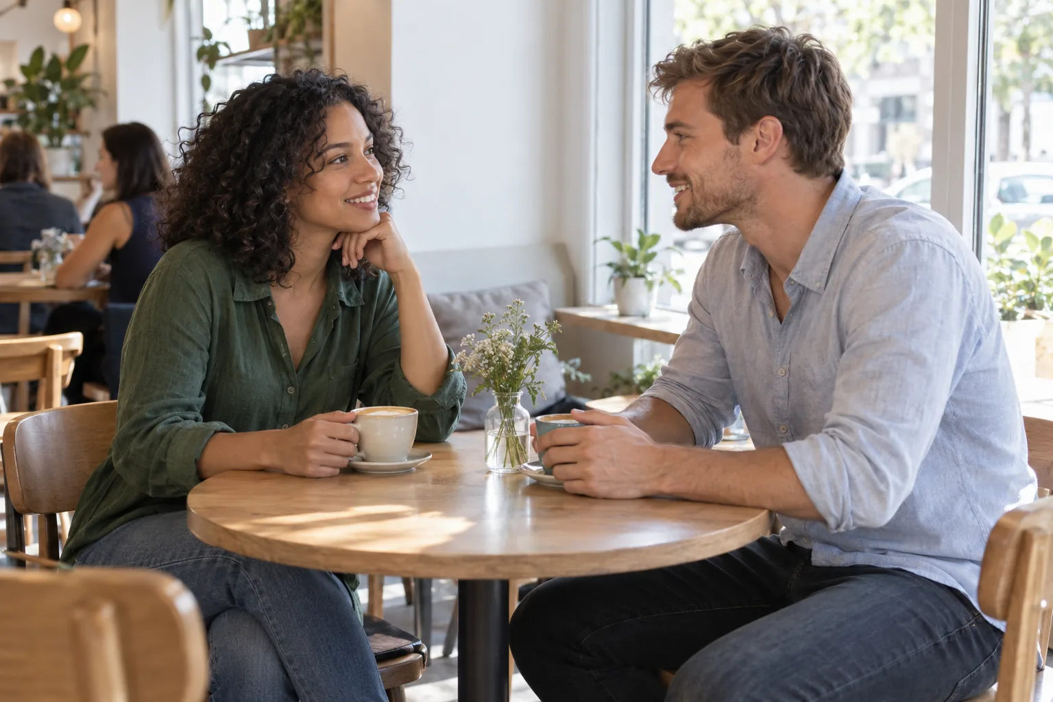 Eine erwachsene Frau und ein erwachsener Mann sitzen sich an einem Tisch in einem hellen Café gegenüber und unterhalten sich.