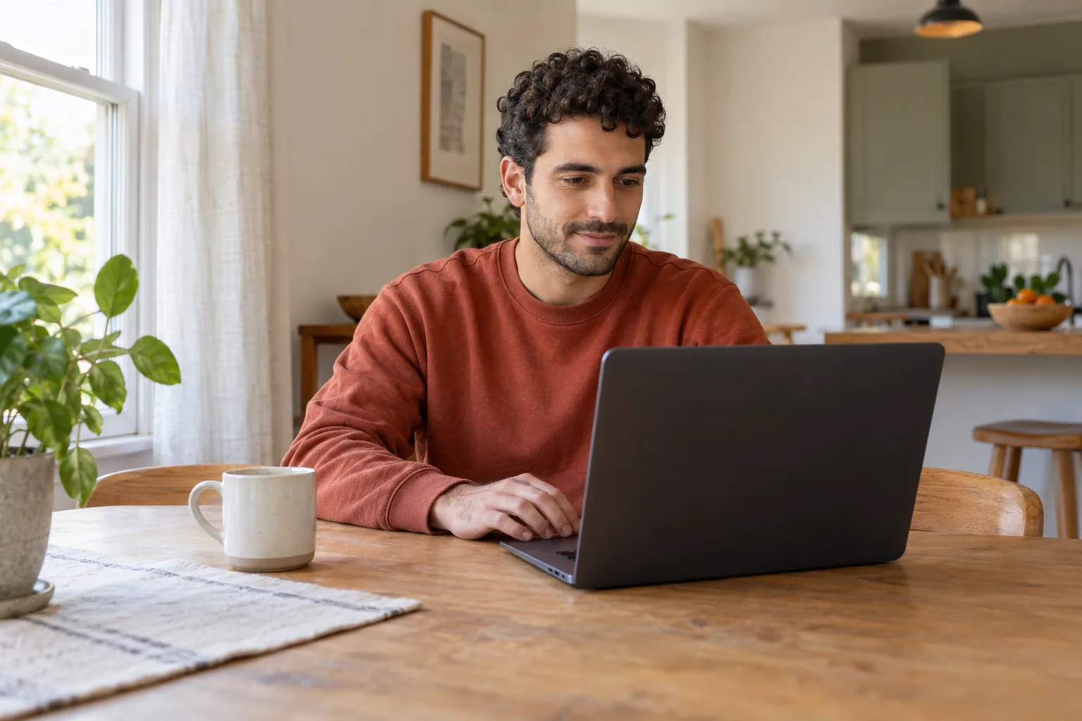 Ein erwachsener Mann sitzt mit einem geöffneten Laptop an einem Esstisch und schaut aufmerksam auf den abgewandten Bildschirm.