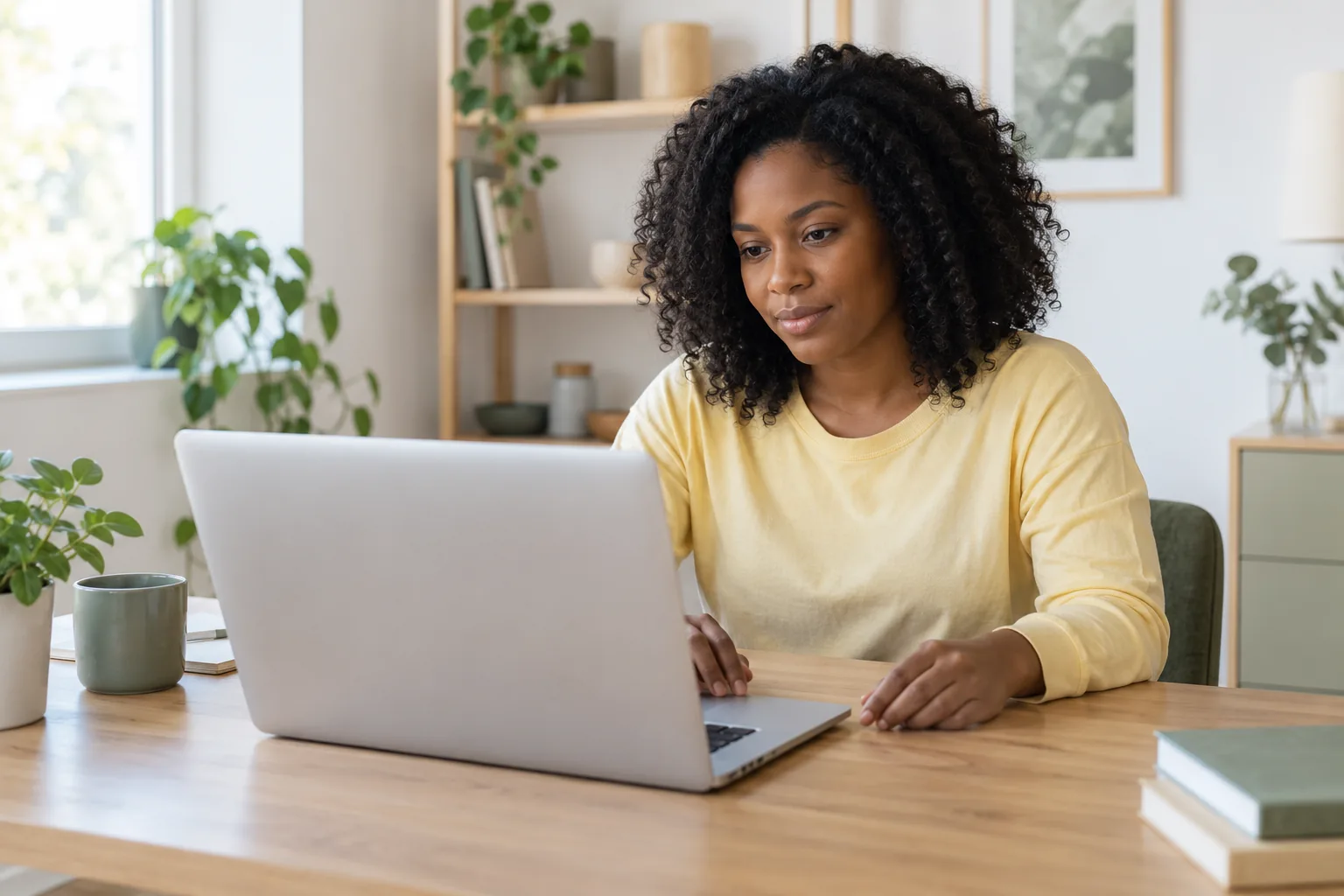 Eine erwachsene Frau sitzt in einem hellen Arbeitsraum vor einem Laptop; die Bildschirminhalte sind nicht sichtbar.